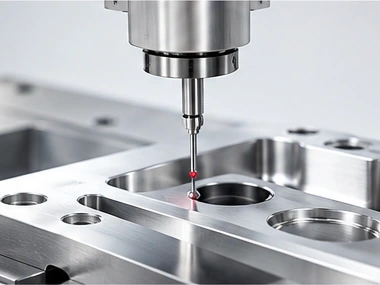 Precision CNC metrology probe inspecting a machined metal component
